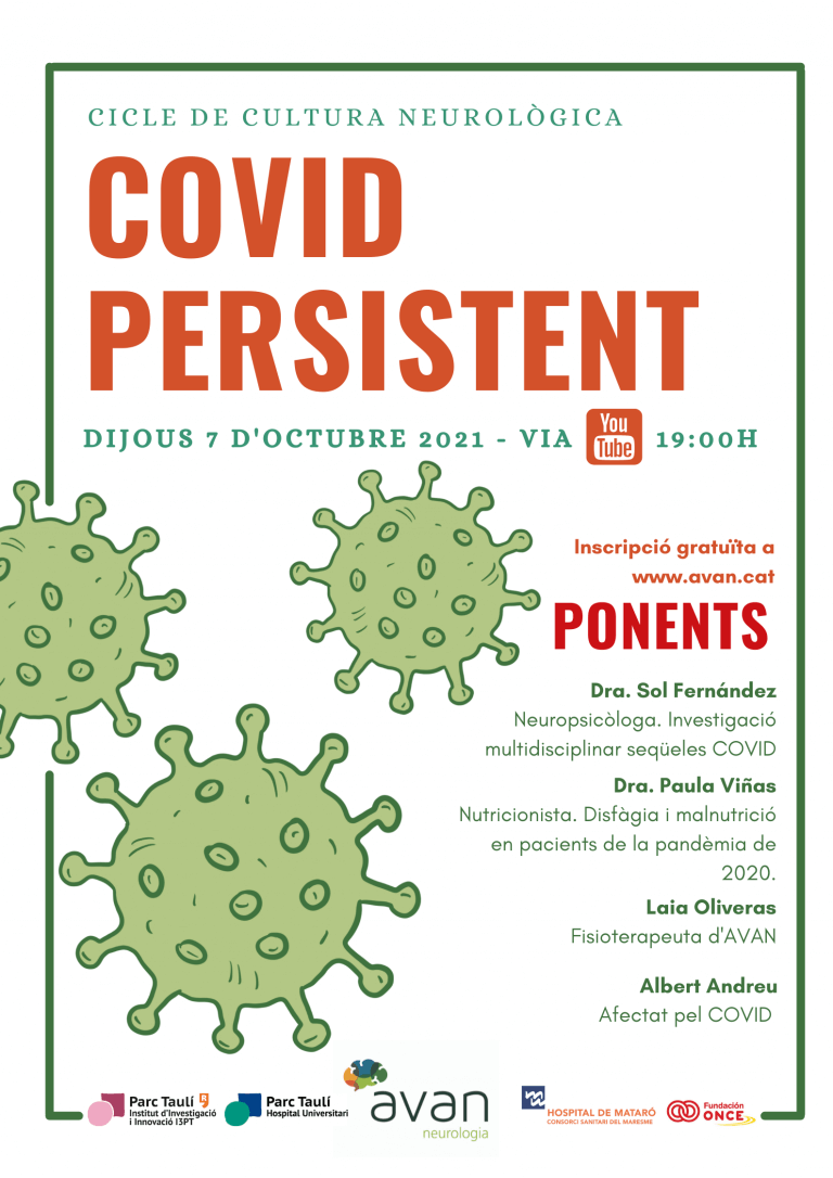 Cartell sobre nova sessió del Cicle Cultura Neurològica sobre la COVID persistent i les seves seqüeles proper 07 d'octubre a les 19 hores via Youtube