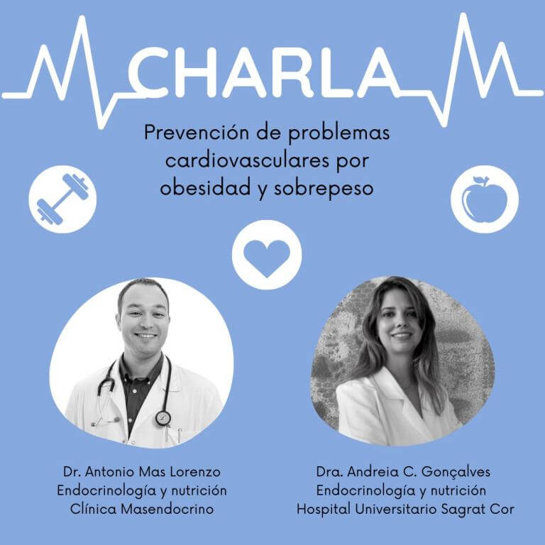 cartel xerrada: Prevenció de problemes cardiovasculars per obesitat i sobrepes, amb les fotos dels ponents
