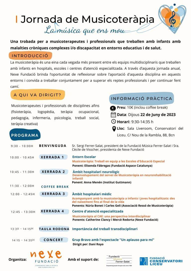 jornada de musicoterapia día 22 de junio al conservatorio del Liceo (BCN) de 9:30h a 14:30h. Precio 10 euros (incluido coffe break)