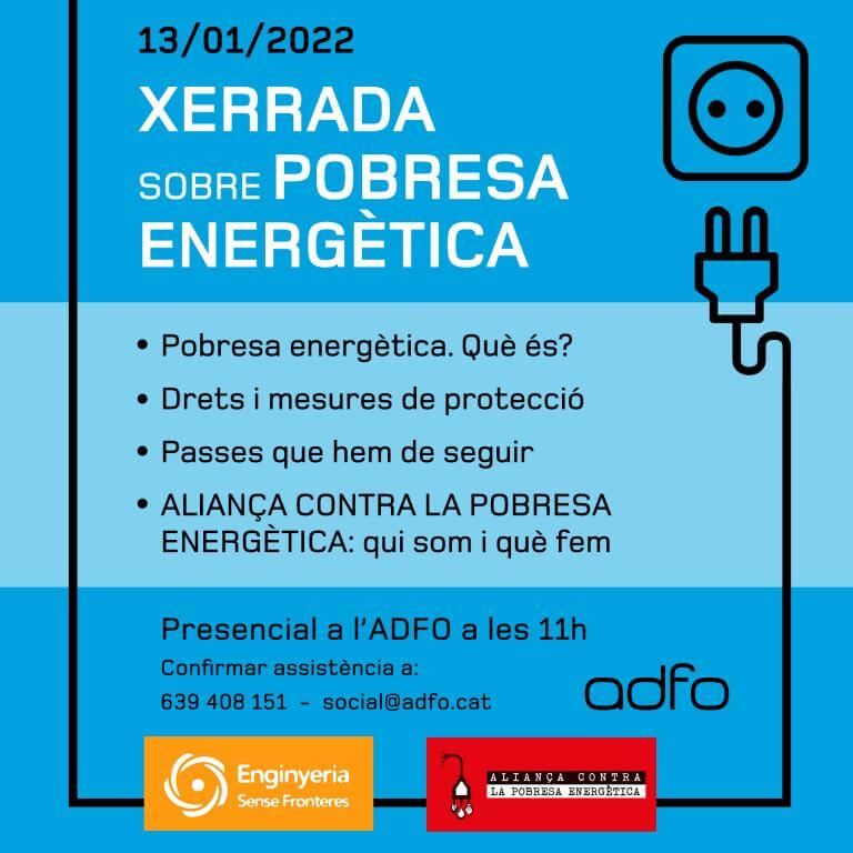 13 de enero charla sobre pobreza energética, presencial a ADFO, a las 11h