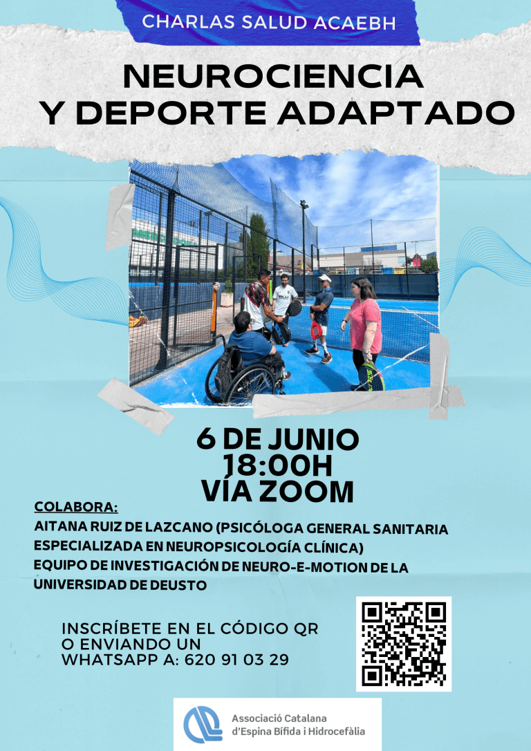 La Asociación Catalana de Espina Bífida e Hidrocefalia (ACAEBH) organiza, el próximo 6 de junio de 18h a 19h, una charla sobre NEUROCIENCIA Y DEPORTE ADAPTADO, de la mano de Aitana Ruiz, Psicóloga General Sanitaria, especializada en Neuropsicología Clínica. La charla se realizará vía ZOOM,