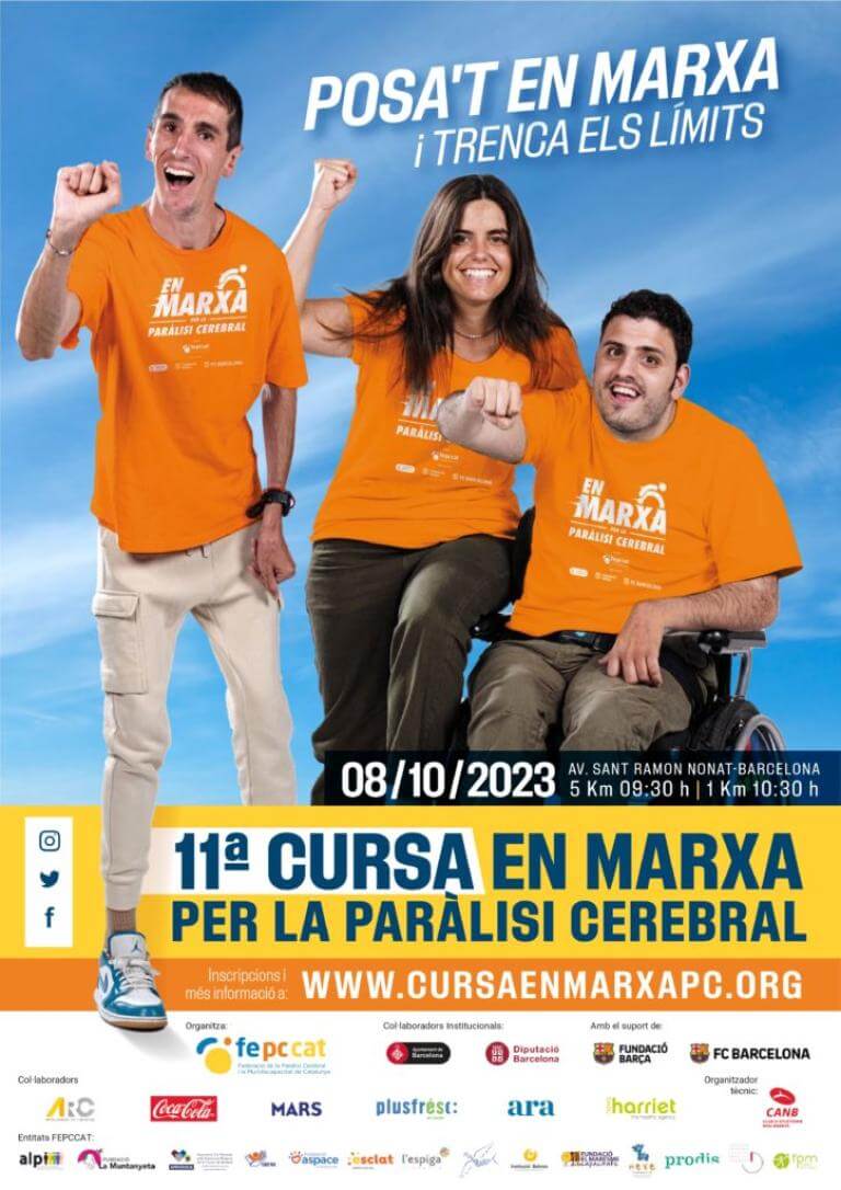 Cartell de la cursa En Marxa per la Paràlisi Cerebral. Apareixen Àlex Roca i els germans Pol i Carla Otero Arús