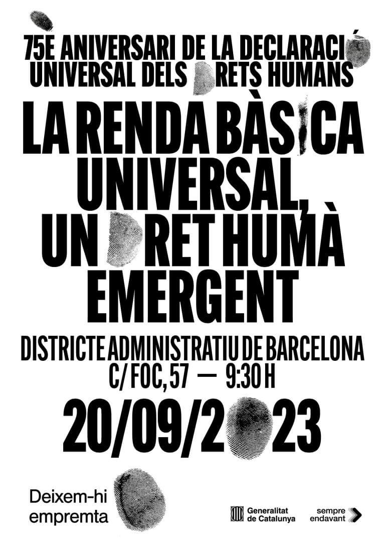 Cartell acte 'La renda bàsica universal un dret humà emergent'. Inclou totes les dades de l'esdeveniment: títol, espai, data i hora. 