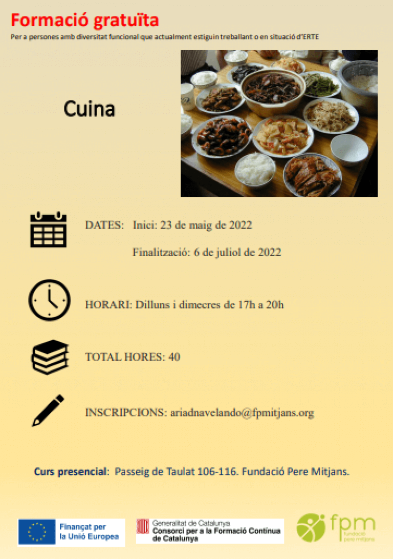 formació sobre cuina del 23 de maig fins al 6 de juliol, total 40 hores