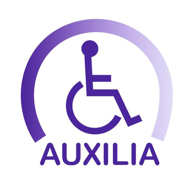 Logotip d'Auxilia. Dibuix d'una persona amb cadira de rodes, envoltada per un cercle.
