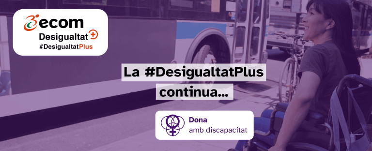 Flyer promocional de la campanya: una mujer en silla de ruedas frente a un autobús. Sobreimpreso el logotipo de la campaña