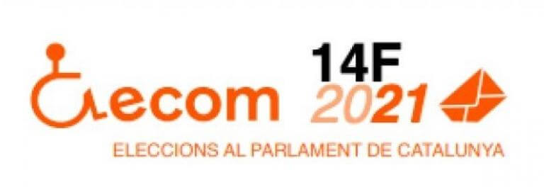 Logotip d'ECOM acompanyat d'un rètol on diu 14F 2021 Eleccions al Parlament de Catalunya