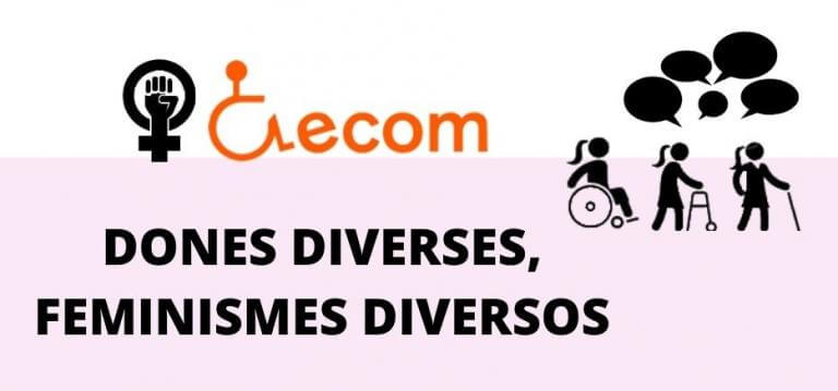 Imatge promocional de l'espai de trobada de Dones d'ECOM, on es visualitzen icones de dones amb diferents tipus de discapacitat física conversant