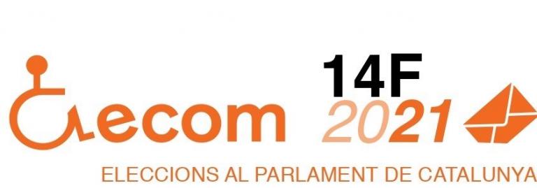 Logotip d'ECOM acompanyat d'un rètol on diu 14F 2021 Eleccions al Parlament de Catalunya