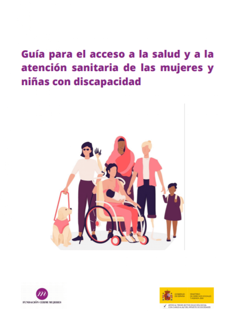 Portada de la guía donde sale el título, un dibujo de mujeres diversas y los logotipos de Cermi Mujeres y el Ministerios de Derechos sociales