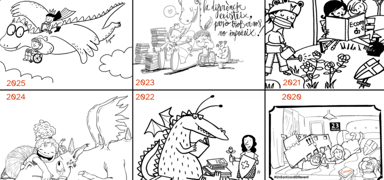 Collage de dibujos de las diferentes ediciones de Sant Jordi
